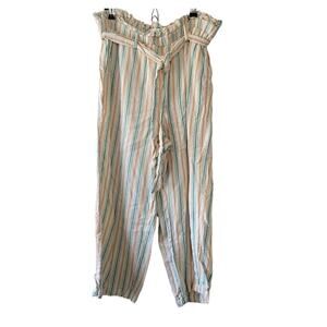 Large fever striped paper bag waist pants with belt & pockets, cream teal peach